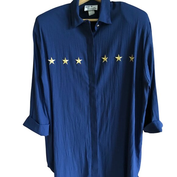Niki & Danielle 70s Oversized Tunic: Navy Blouse, Appliqued Gold Stars, Size 12 - Picture 2 of 9